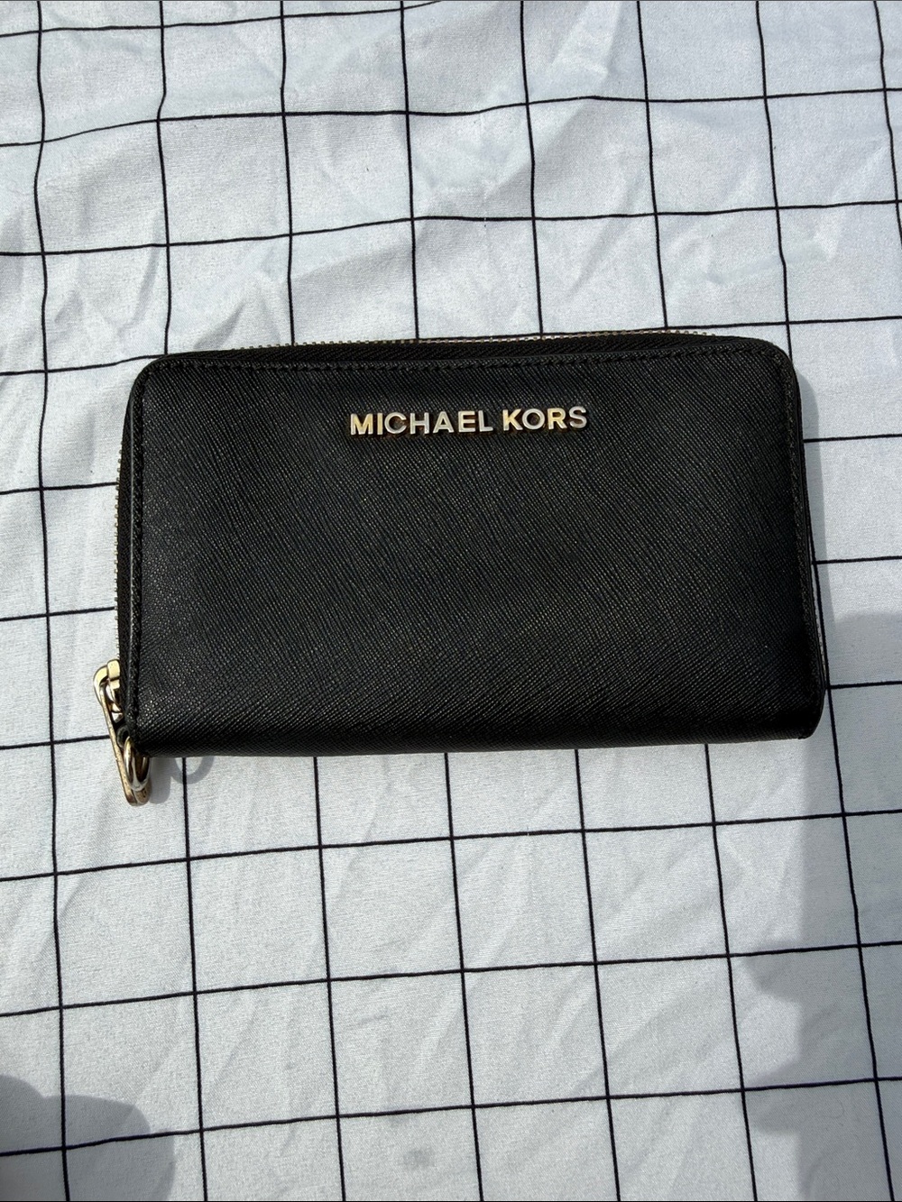 Michael Kors Black Saffiano Zip Wallet with Gold Logo